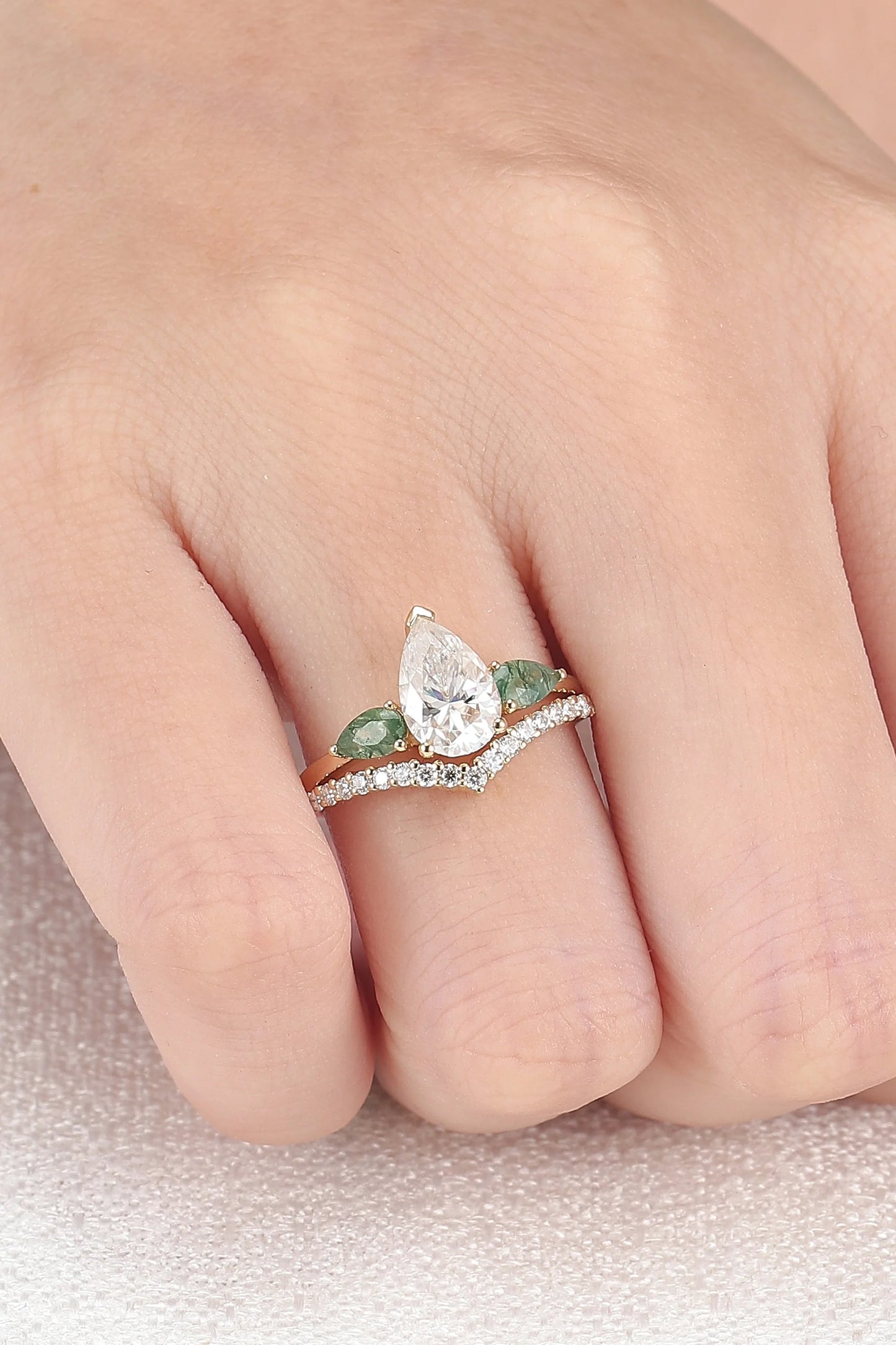 Forest Crown Pear Shaped Moissanite Chevron V Band Gemstone Ring