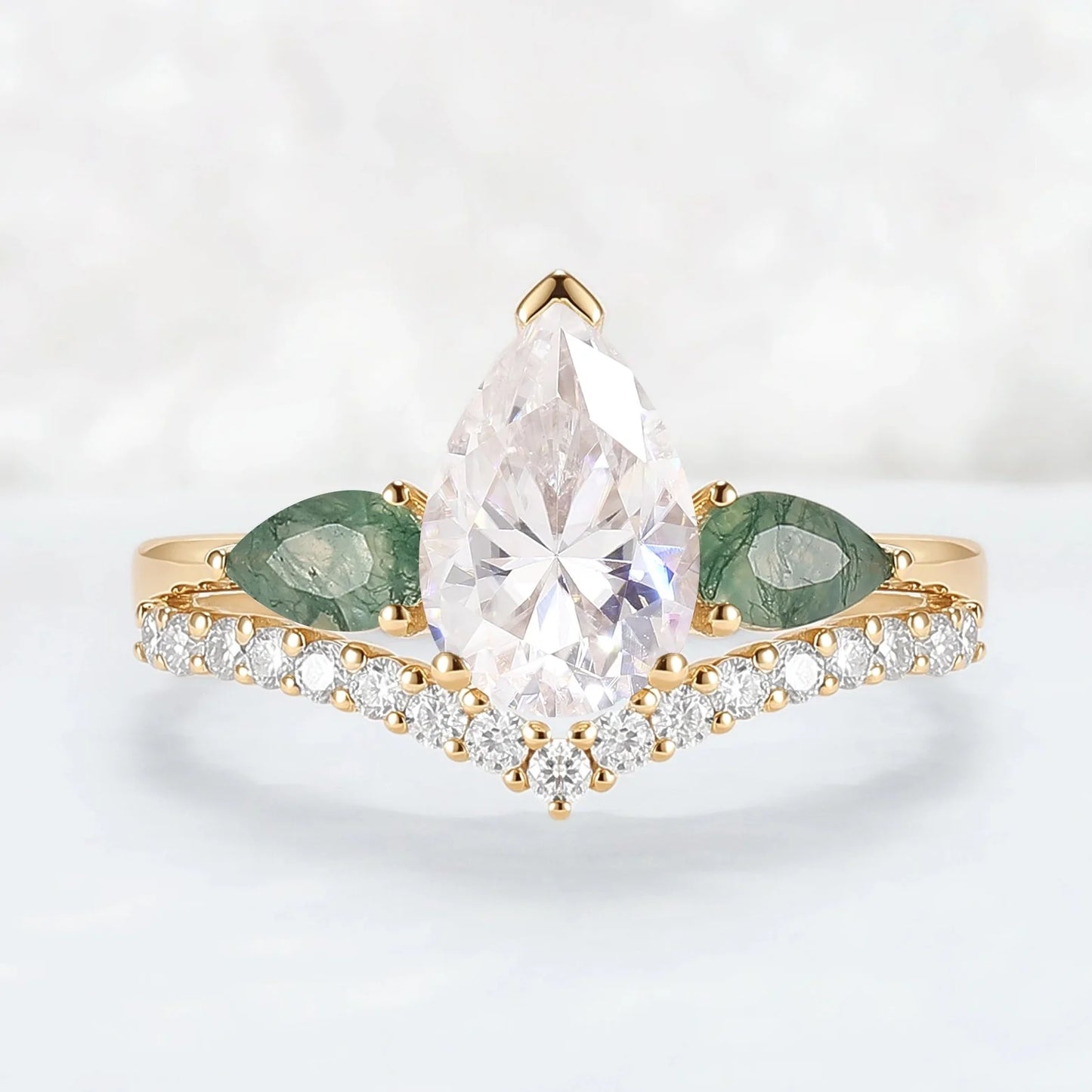 Forest Crown Pear Shaped Moissanite Chevron V Band Gemstone Ring