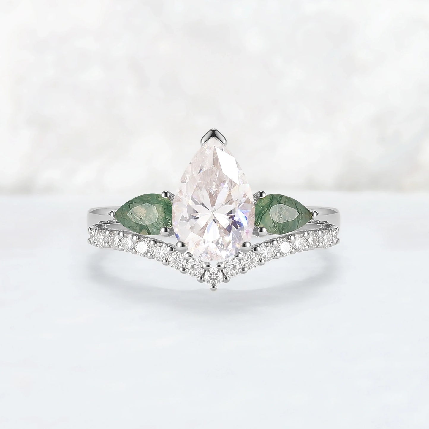 Forest Crown Pear Shaped Moissanite Chevron V Band Gemstone Ring