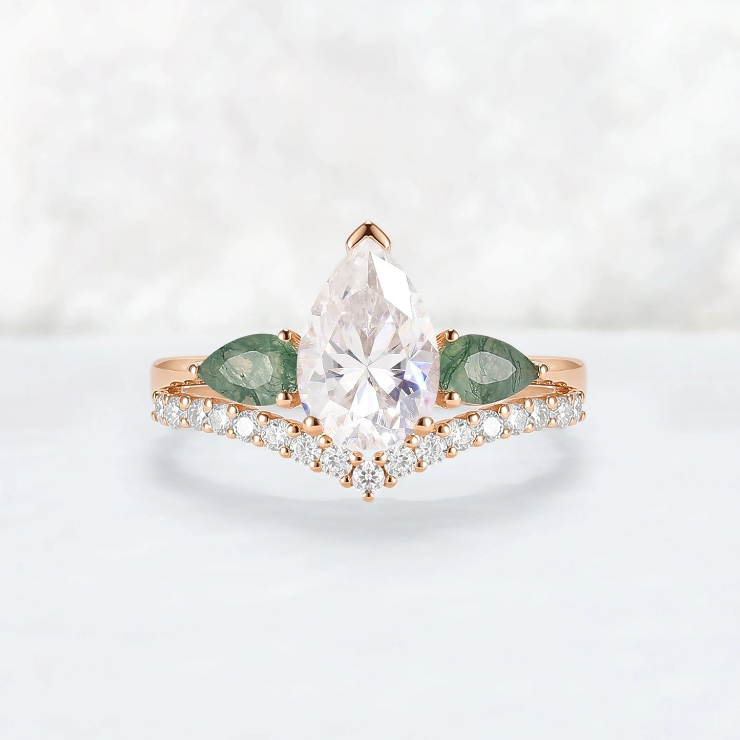 Forest Crown Pear Shaped Moissanite Chevron V Band Gemstone Ring