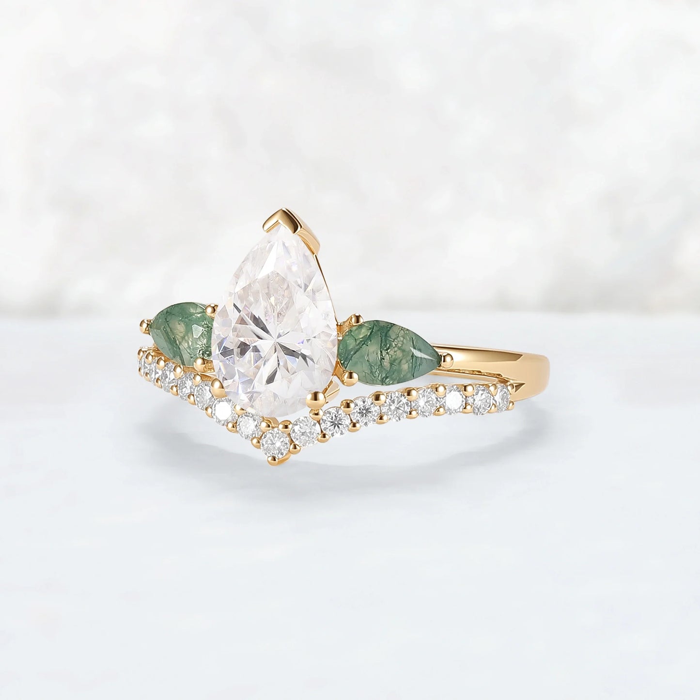 Forest Crown Pear Shaped Moissanite Chevron V Band Gemstone Ring