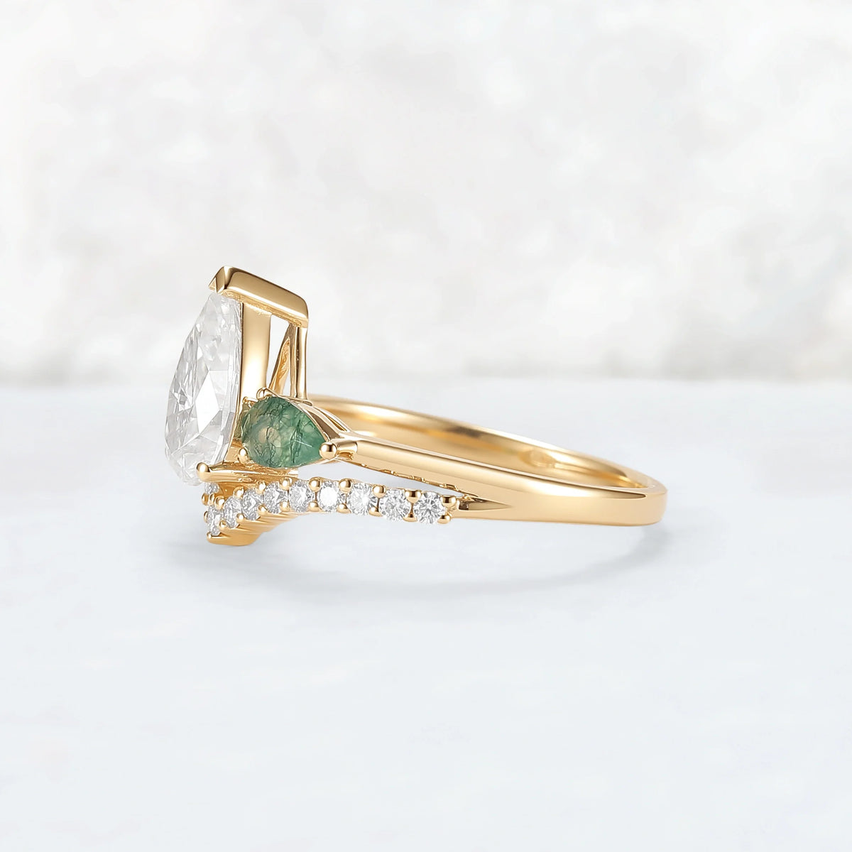 Forest Crown Pear Shaped Moissanite Chevron V Band Gemstone Ring