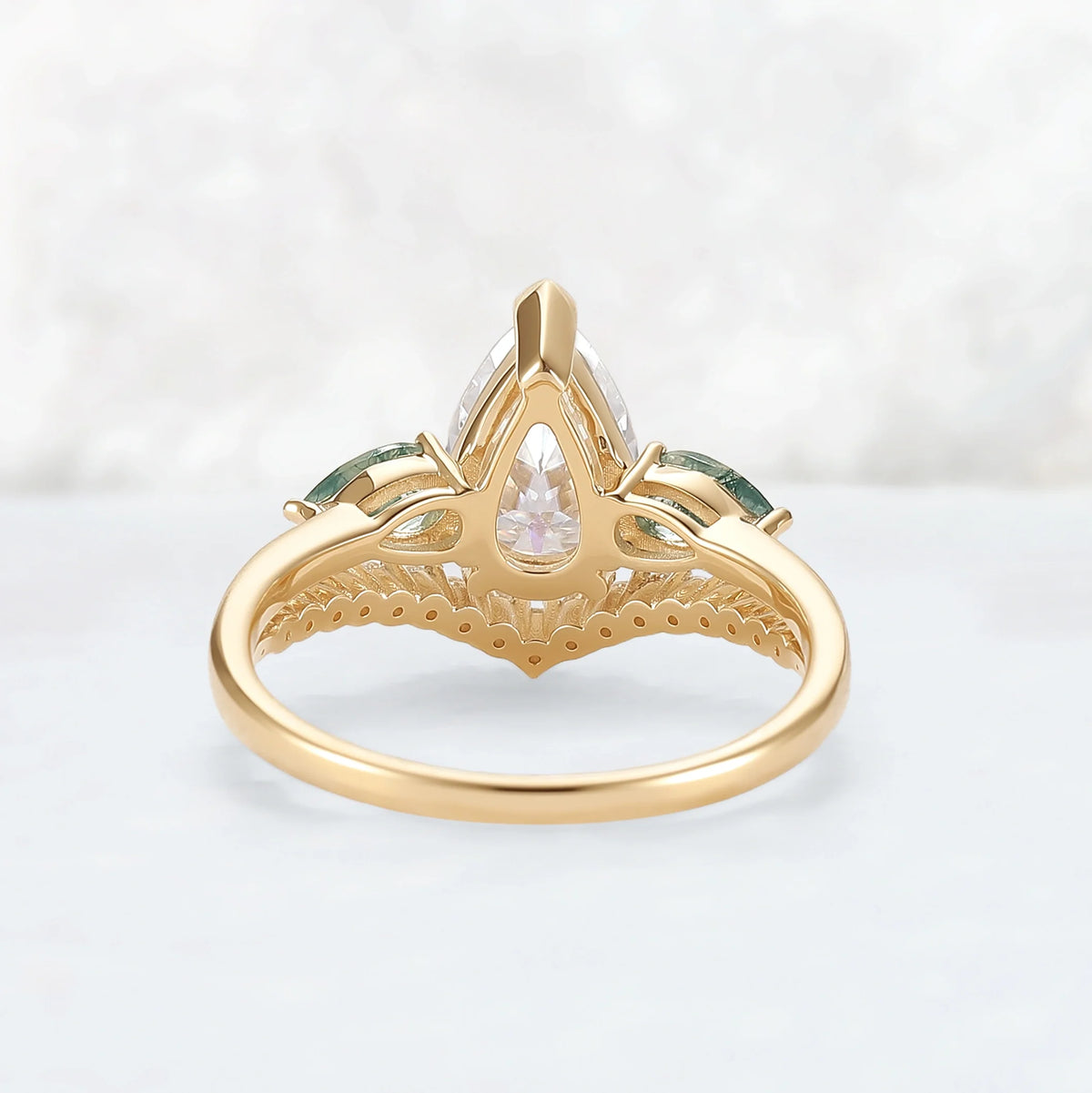 Forest Crown Pear Shaped Moissanite Chevron V Band Gemstone Ring