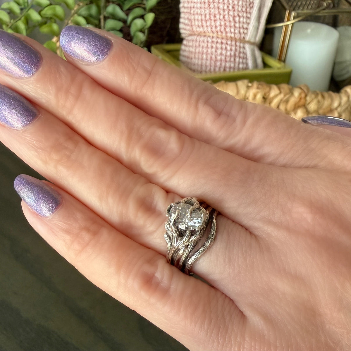 Oval Moissanite or Gemstone Twig Bridal Set in Solid Gold - Forest Collection