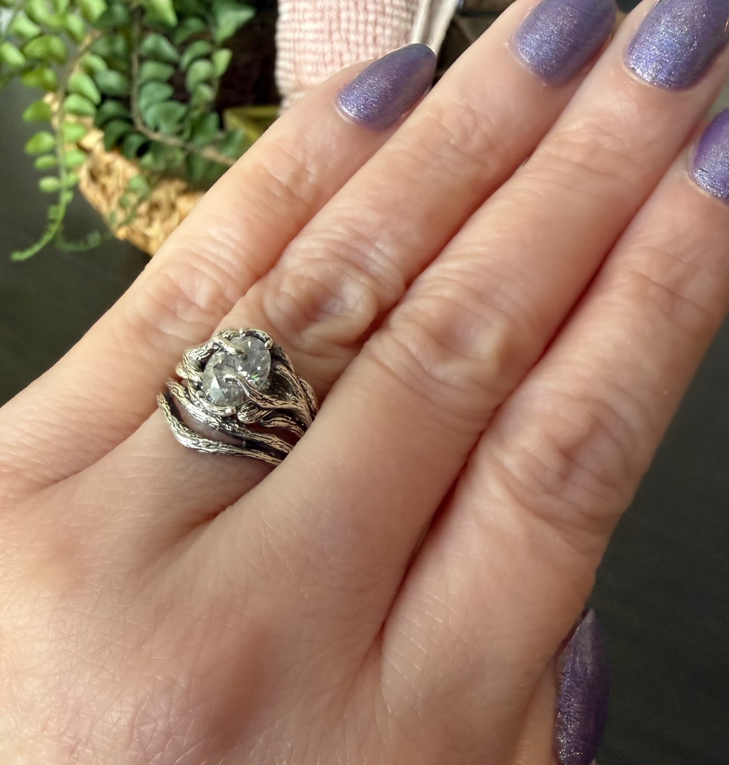 Oval Moissanite or Gemstone Twig Bridal Set in Solid Gold - Forest Collection