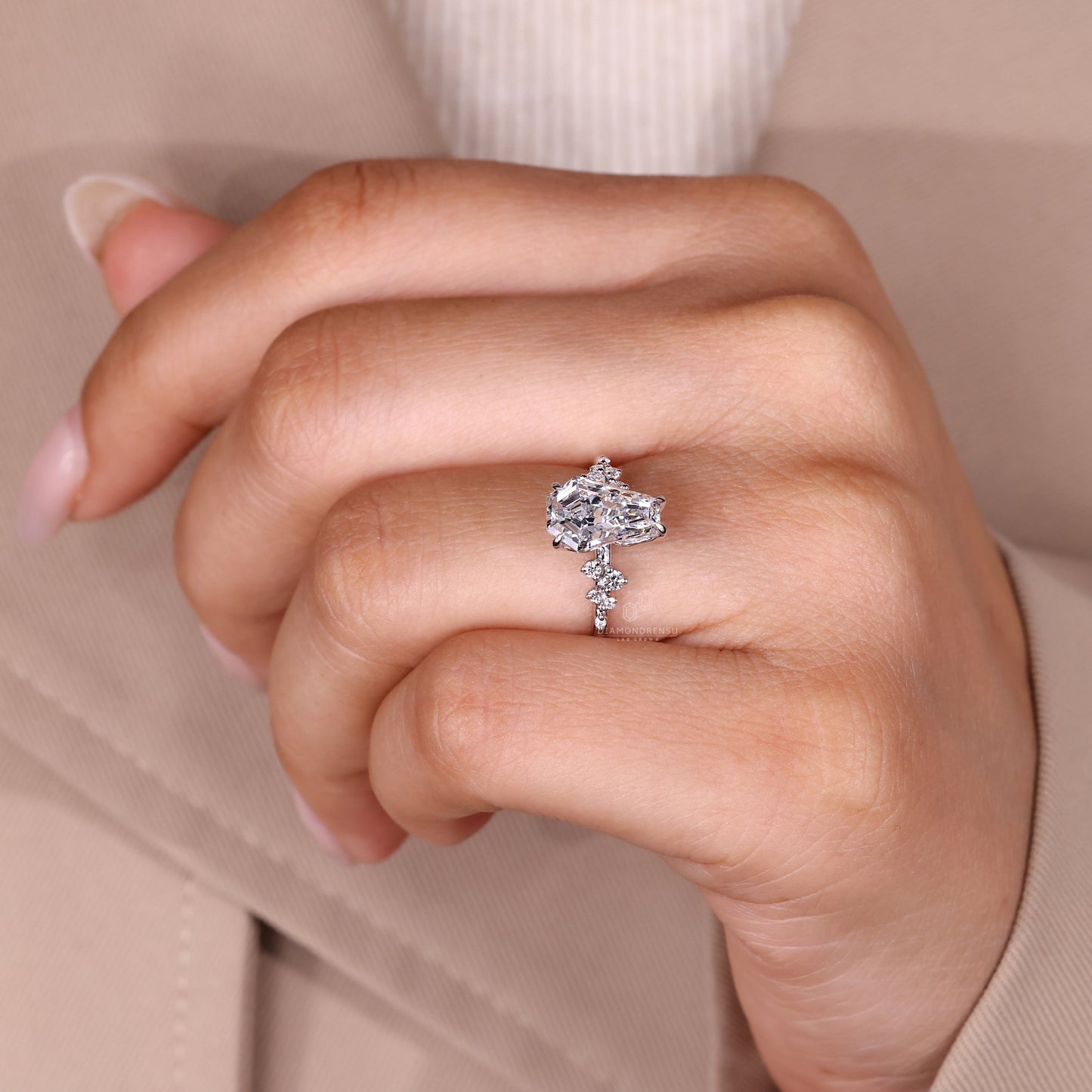 Cluster Diamond Ring with Coffin Center Stone and Tulip Setting
