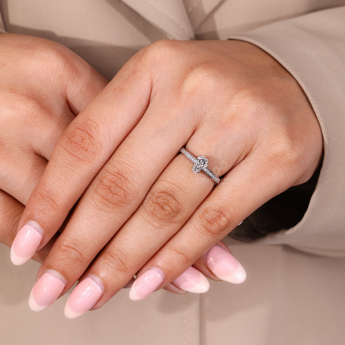Cathedral Setting Coffin Cut Diamond Ring with Hidden Halo