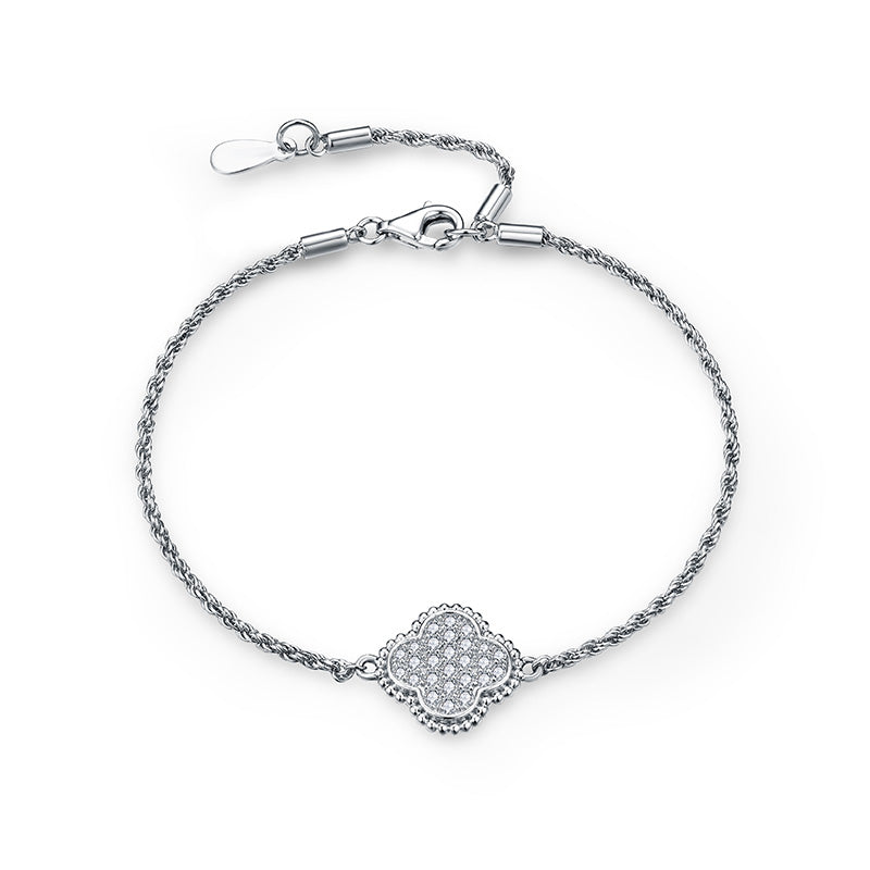 Four Leaf Cluster Moissanite Rope Bracelet In Sterling Silver