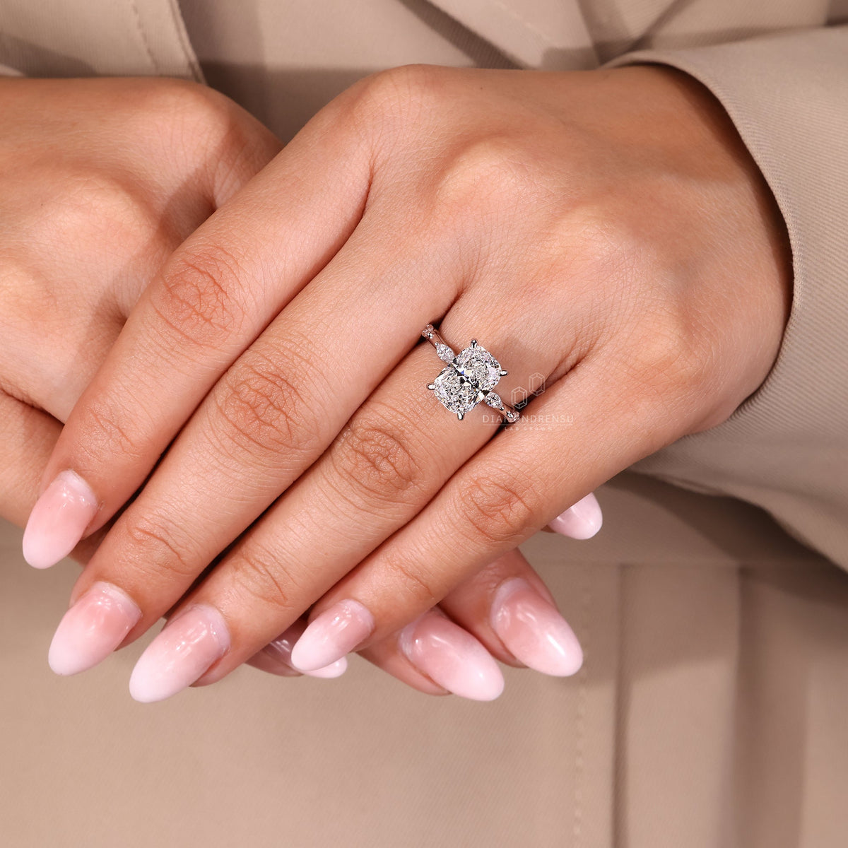 Elongated Cushion Cut Diamond Ring in Distance Pave Setting