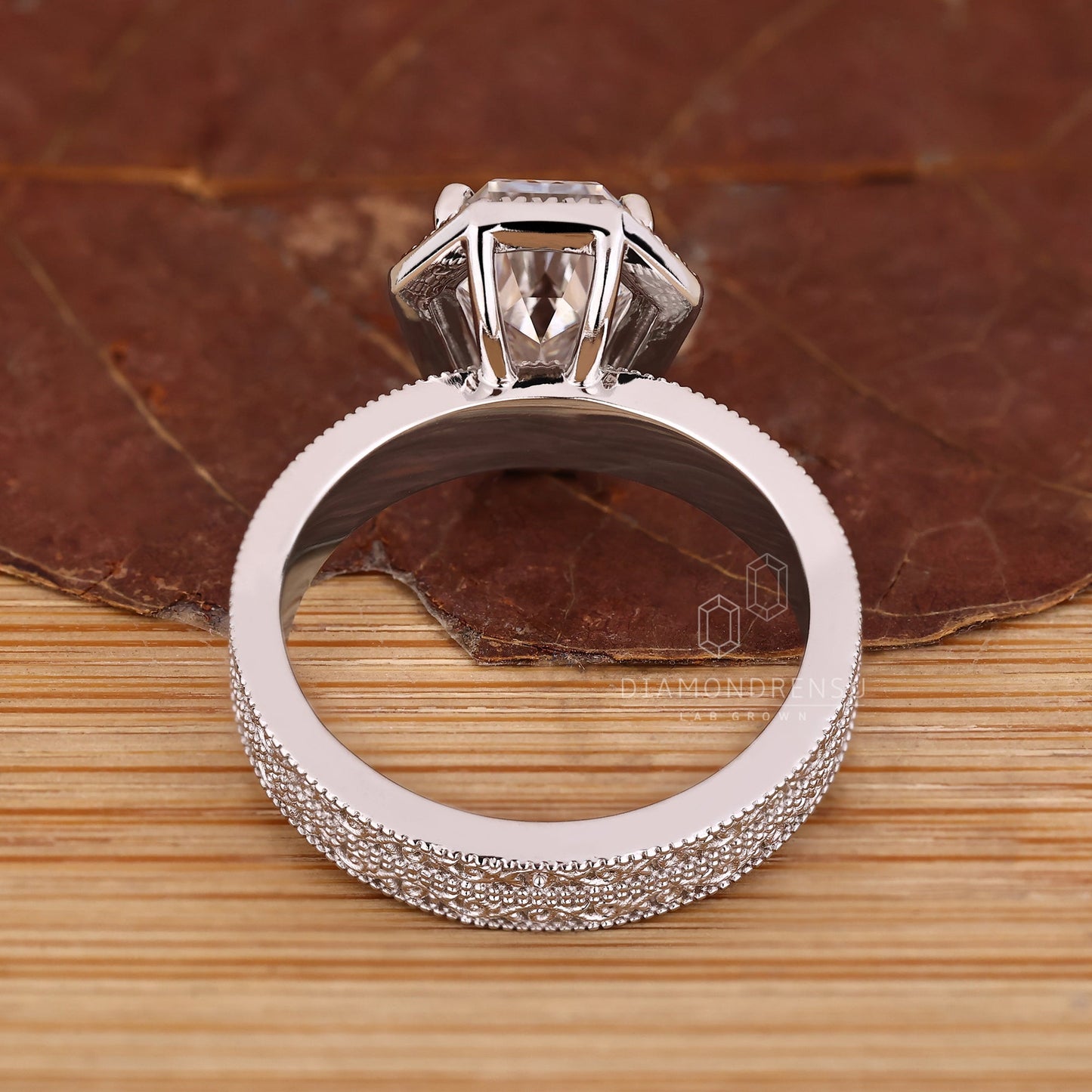 Coffin Cut Engagement Ring with Milgrain Details