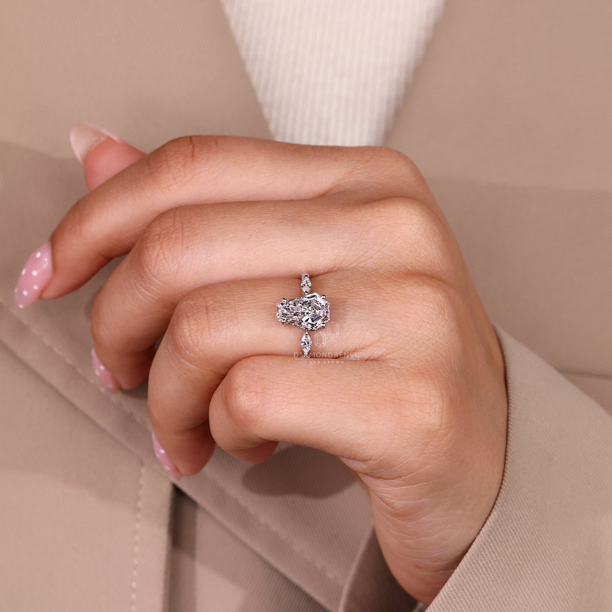 Coffin Shaped Diamond Ring with Marquise Side Stones