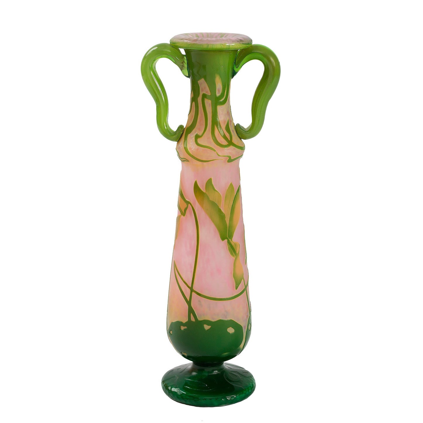 Daum Nancy Enameled and Etched Cyclamen Glass Vase with Handles