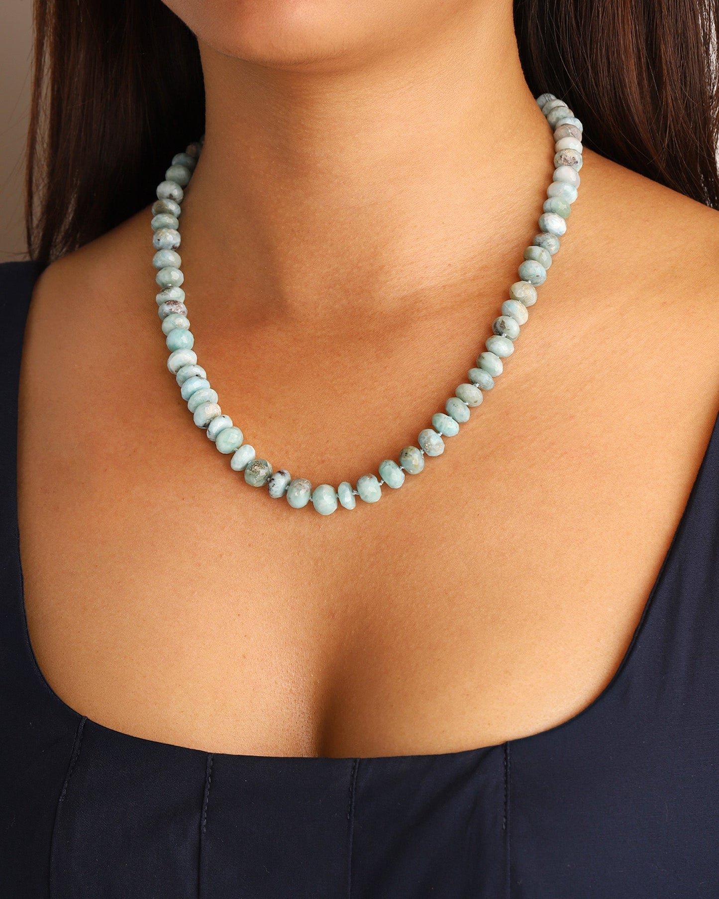 Faceted Larimar Rondelle Beaded Necklace | 10mm