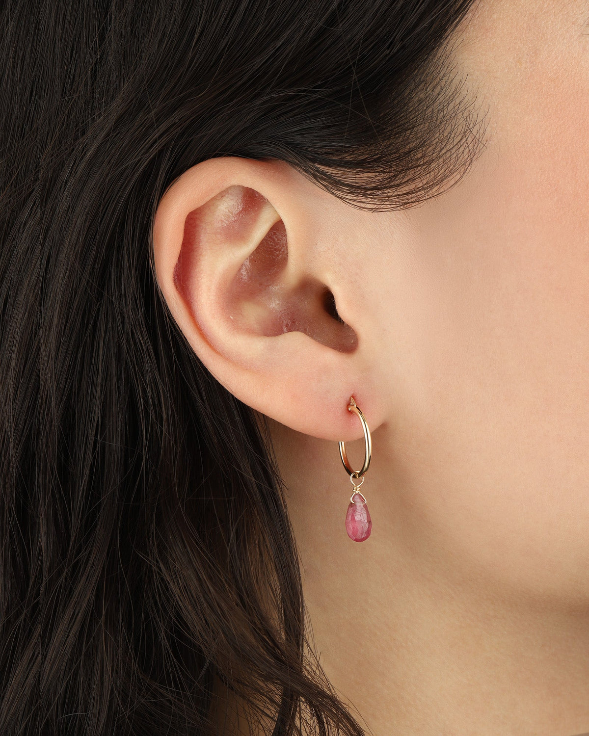 Pink Sapphire Pear Floating Drop Huggies | 14mm