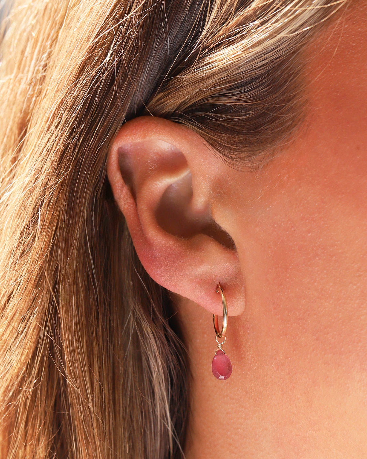 Pink Sapphire Pear Floating Drop Huggies | 14mm