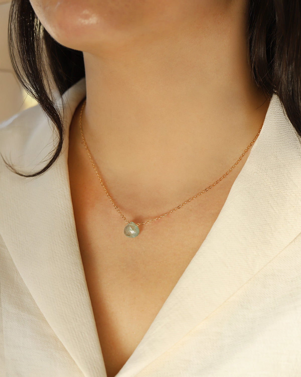Moss Aquamarine Heart Cable Chain Necklace | 12mm