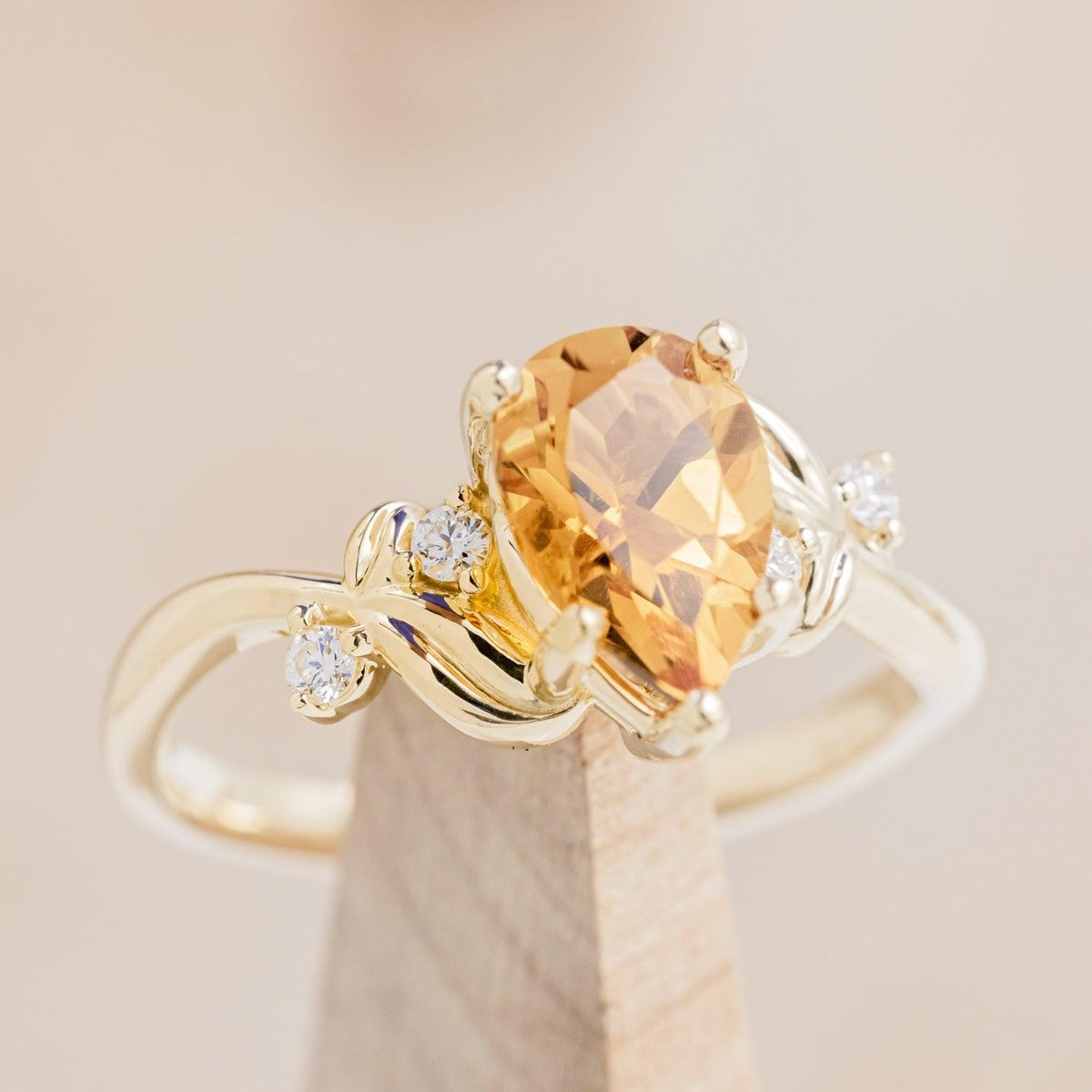 "Gladys" - Pear Cut Citrine Engagement Ring With Diamond Accents On A Floral-Style Band