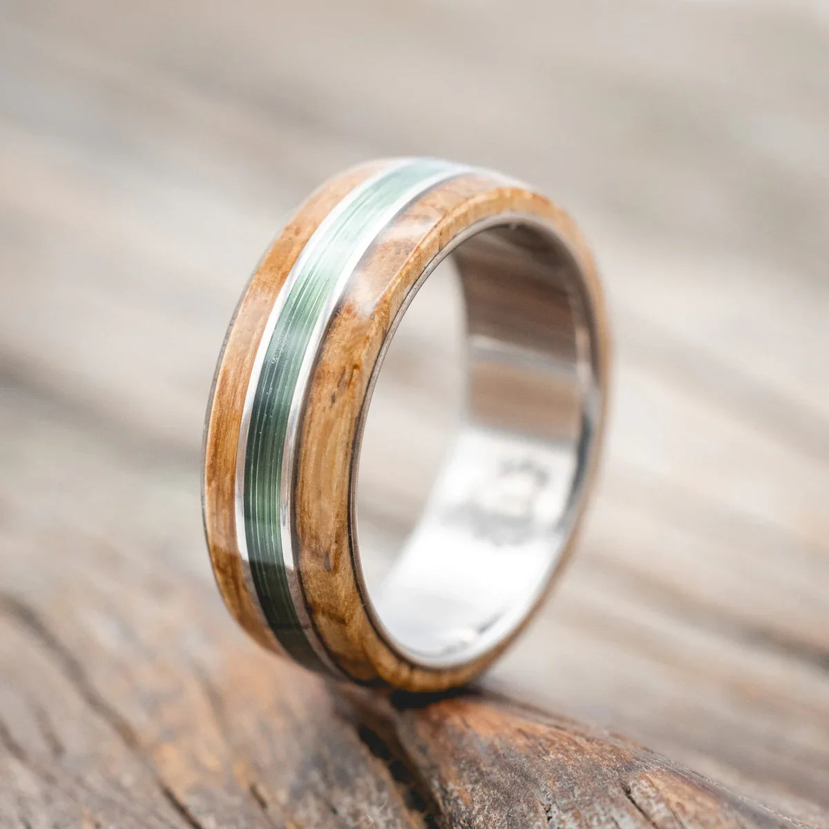 "Glen" - Whiskey Barrel Oak & Fishing Line Wedding Ring - Titanium (8mm) - Size 10