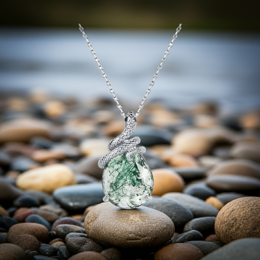 'Noir Serpent' Pear Cut Moss Agate Mystical Serpent Carved Nature Inspired  Necklace