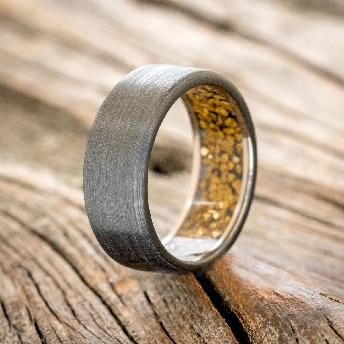 "Hyperion" - Gold Nuggets Lined Wedding Ring With A Brushed Finish - Black Zirconium (8mm) - Size 7 3/4