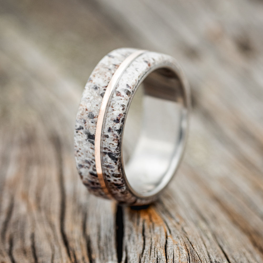 "Golden" - Elk Antler & 14K Rose Gold Inlay Wedding Band - Titanium (8mm) - Size 8 1/2