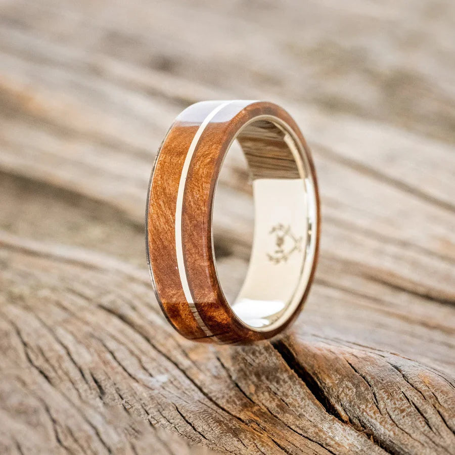 "Golden" - Redwood & 14K White Gold Inlay Wedding Band - 14K White Gold (8mm) - Size 9