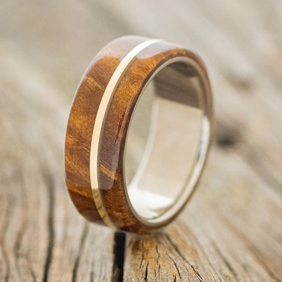 "Golden" - Redwood & 14K Yellow Gold Inlay Wedding Band - Titanium (8mm) - Size 9