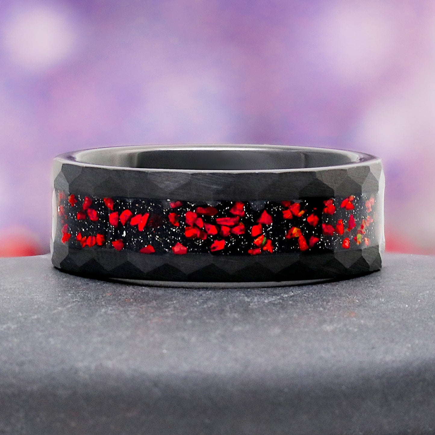 Galaxy Red Fire Opal Hammered Men's Ring in Black Tungsten Carbide (8mm)