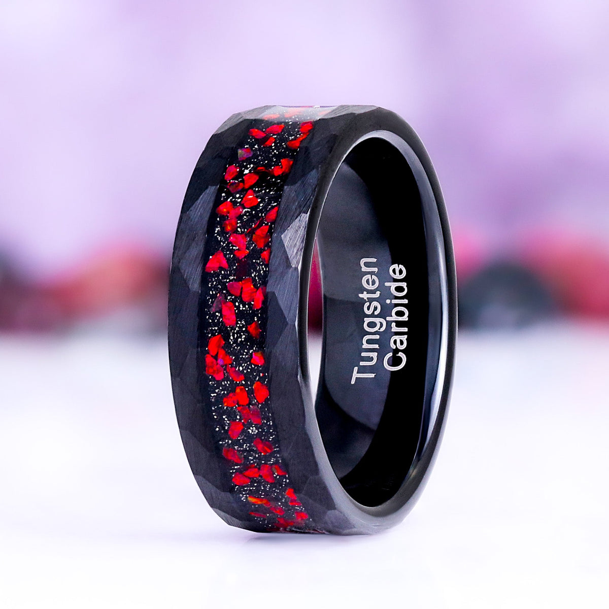 Galaxy Red Fire Opal Hammered Men's Ring in Black Tungsten Carbide (8mm)