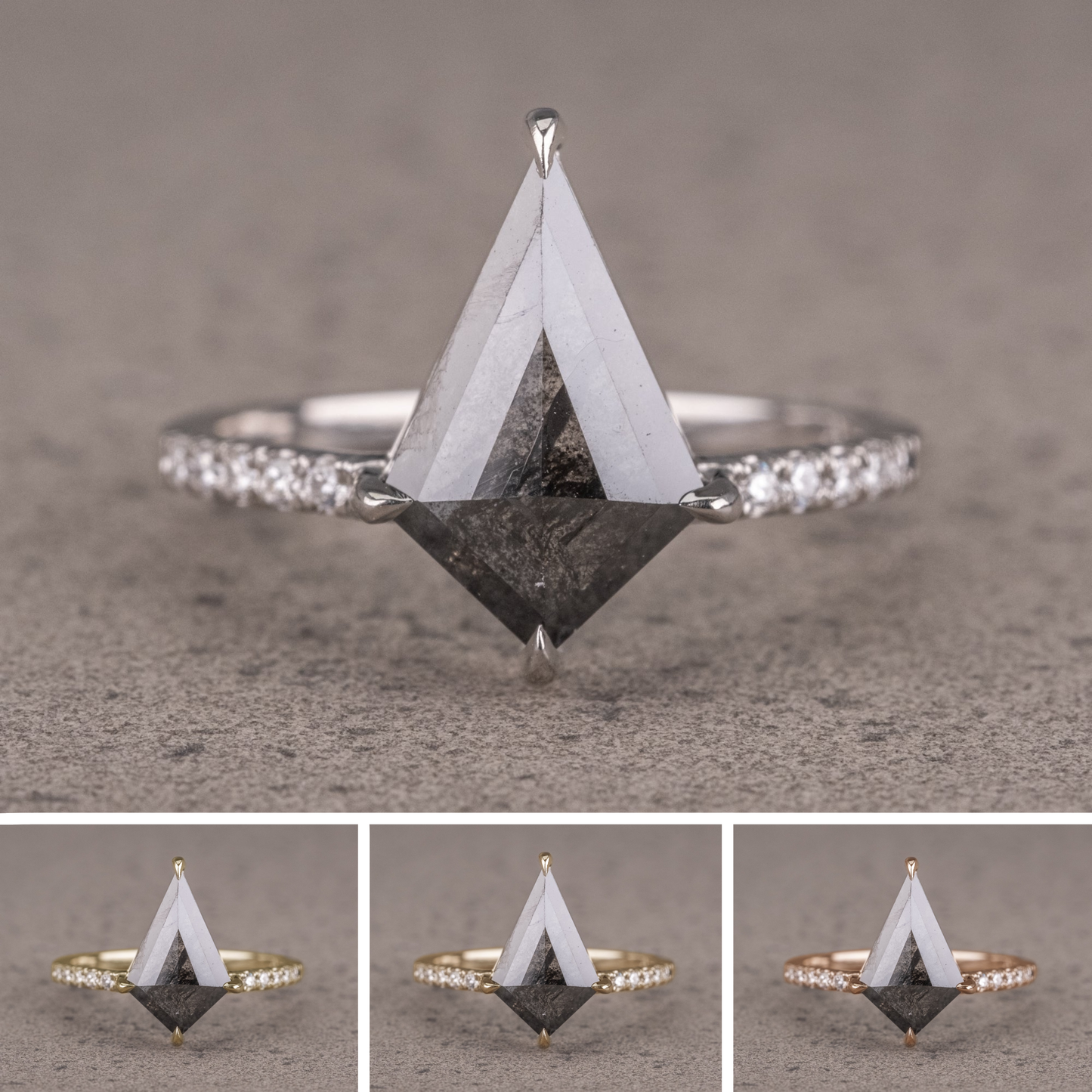 1.38 Carat Black Salt and Pepper Kite Diamond Engagement Ring, Jules Setting
