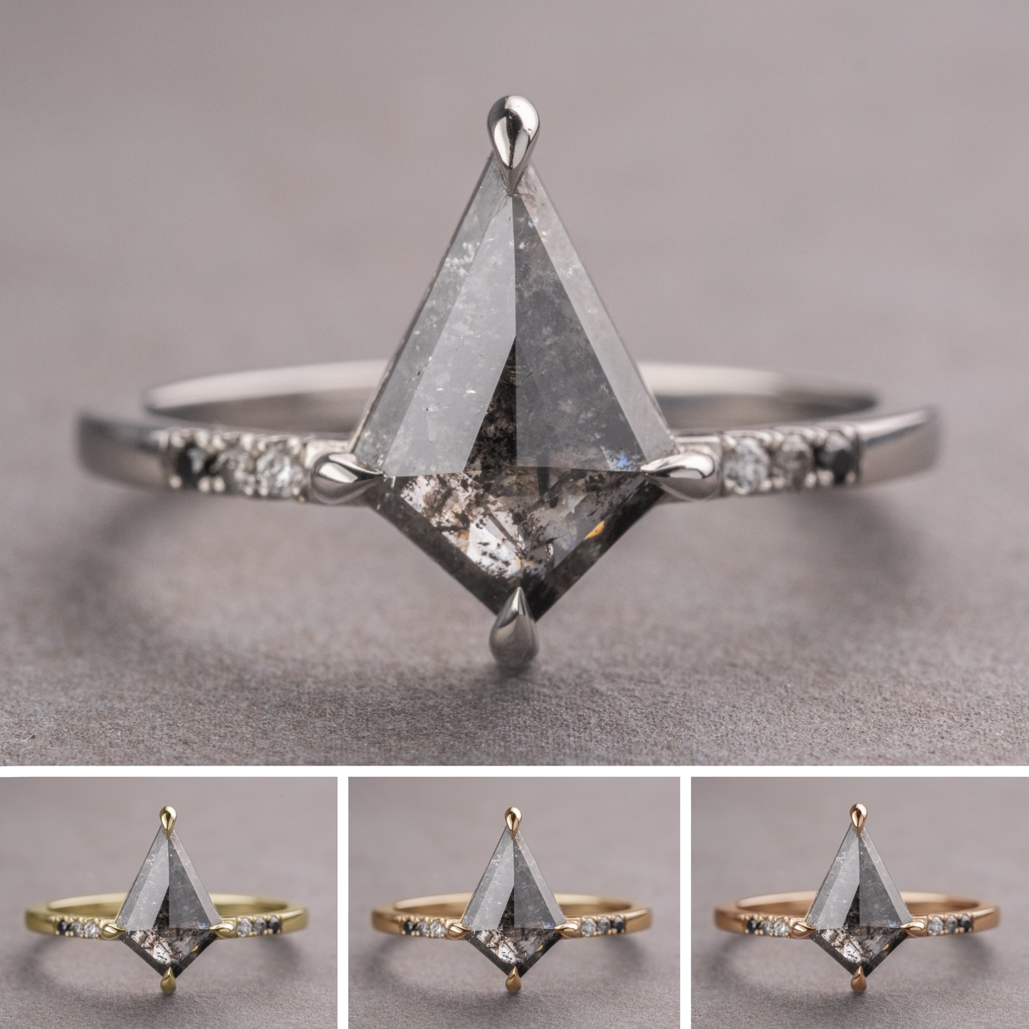 1.51 Carat Black Salt and Pepper Kite Diamond Engagement Ring, Ombre Jules Setting