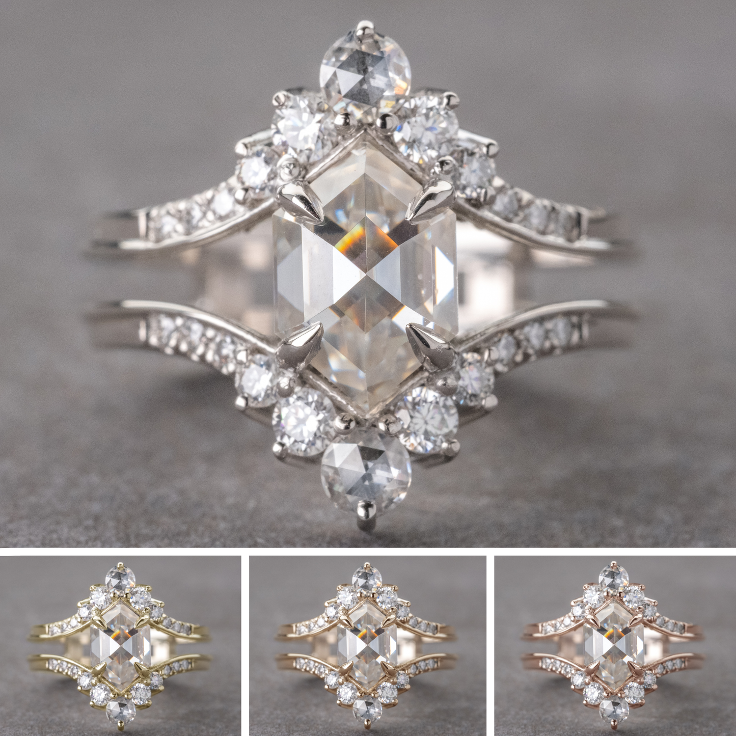 2.01 Carat Hexagon Moissanite and Diamond Engagement Ring, Empress Setting