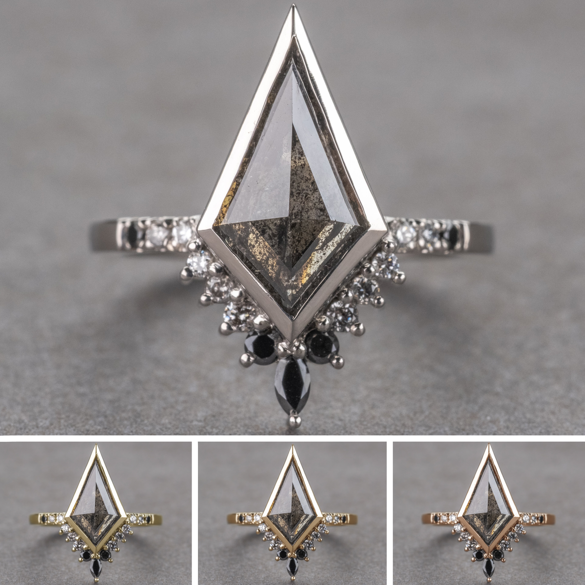 1.30 Carat Black Salt and Pepper Kite Diamond Engagement Ring, Bezel Ombre Avaline Setting