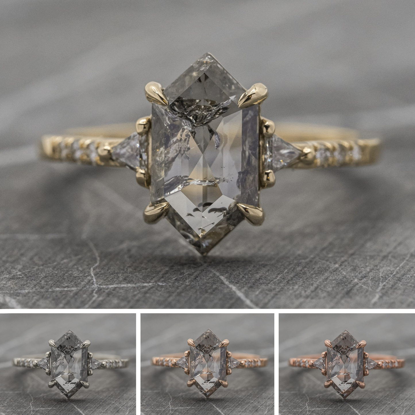 1.64 Carat Salt and Pepper Hexagon Diamond Engagement Ring, Eliza Setting