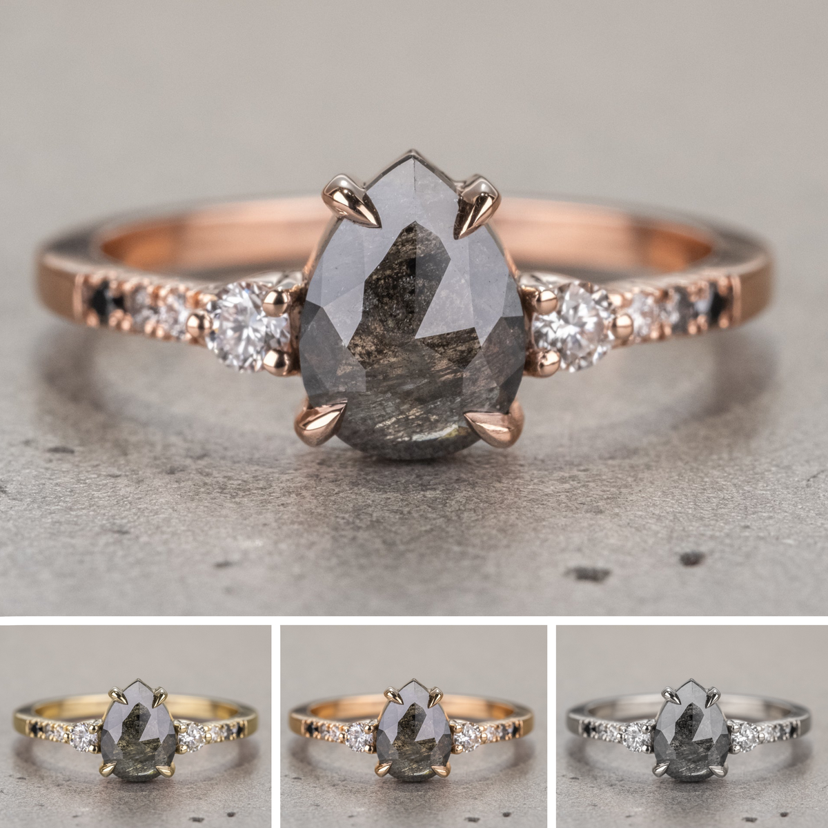 1.53 Carat Black Salt and Pear Diamond Engagement Ring, Eliza Setting