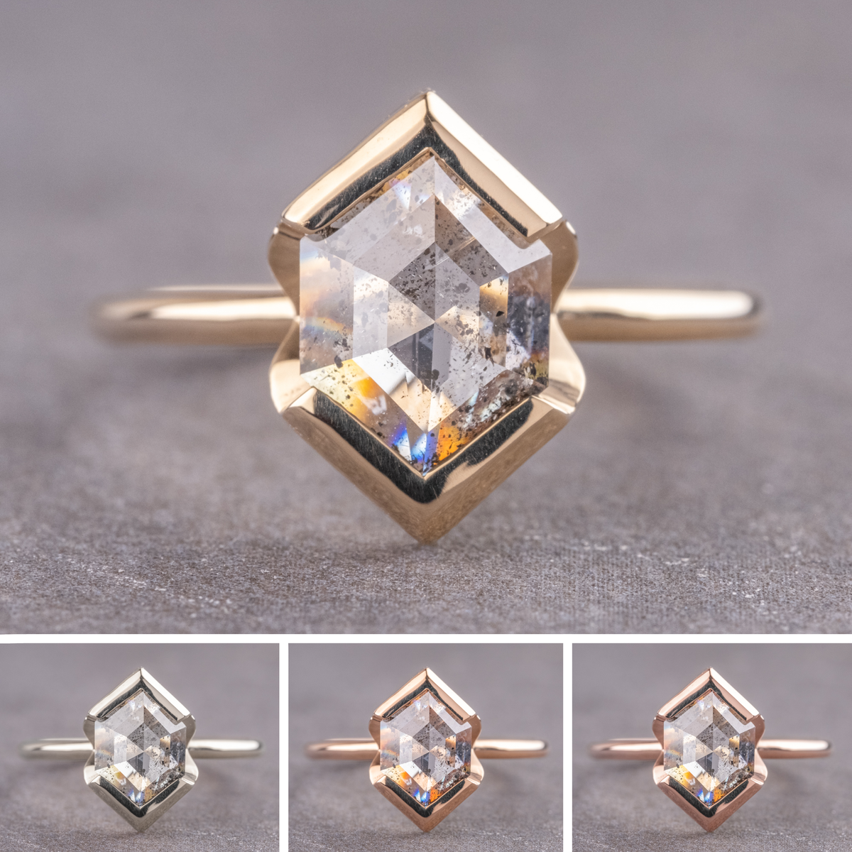 1.47 Carat Salt and Pepper Hexagon Diamond Engagement Ring, Shay Setting
