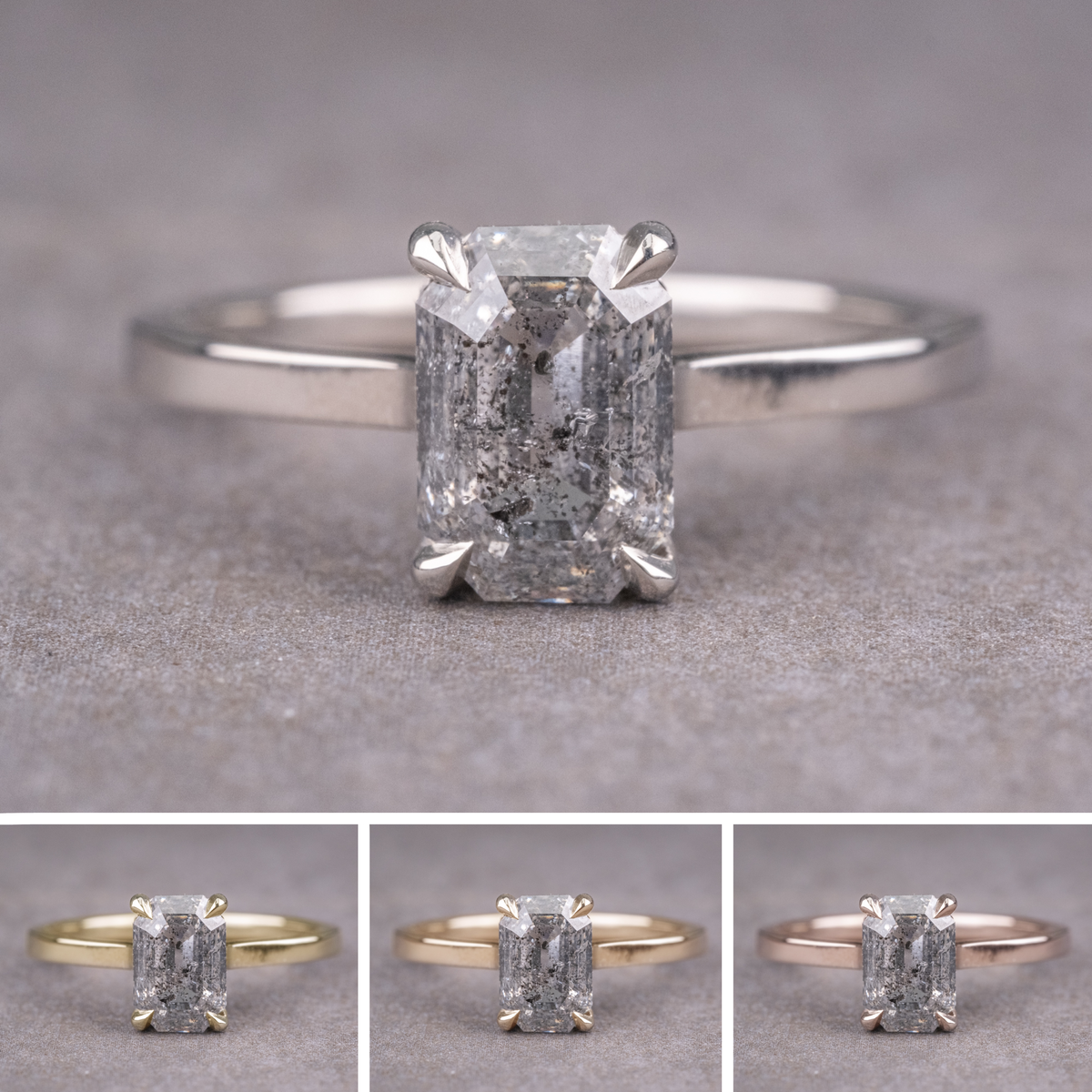 1.95 Carat Salt and Pepper Emerald Shaped Diamond Engagement Ring, Lark Setting