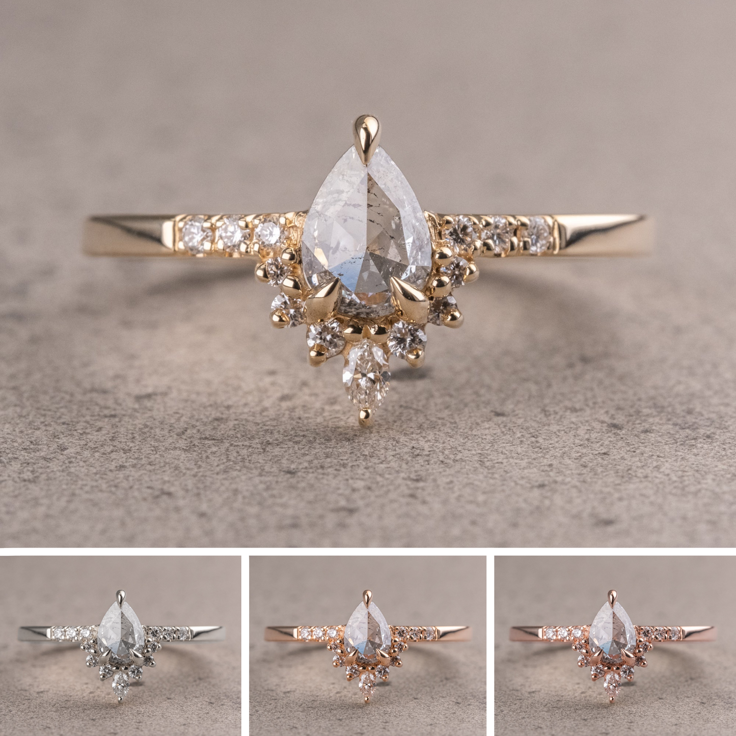 .71 Carat Salt and Pepper Pear Diamond Engagement Ring, Avaline Setting