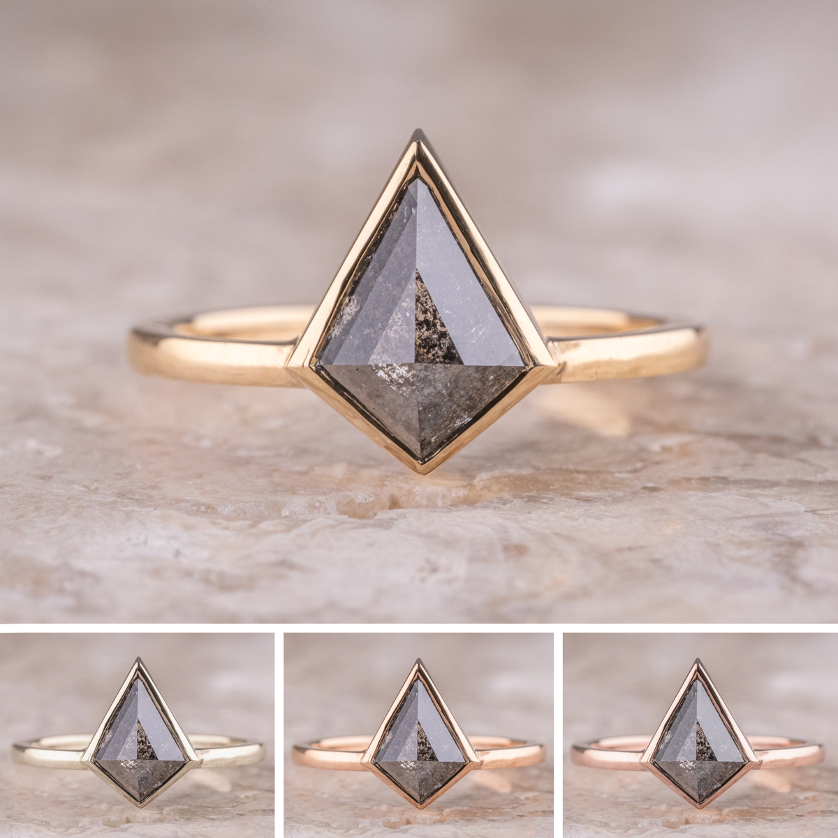 1.25 Carat Black Speckled Kite Diamond Engagement Ring, Bezel Jane Setting