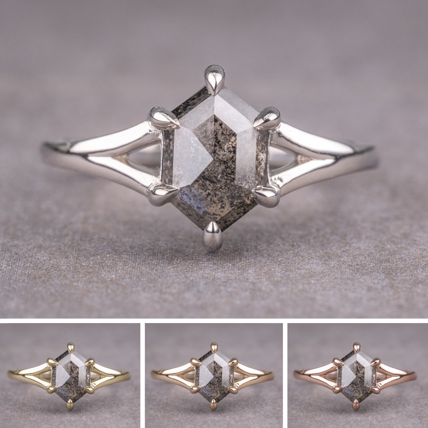 1.37 Carat Black Salt and Pepper Hexagon Diamond Engagement Ring, Split Shank Jane