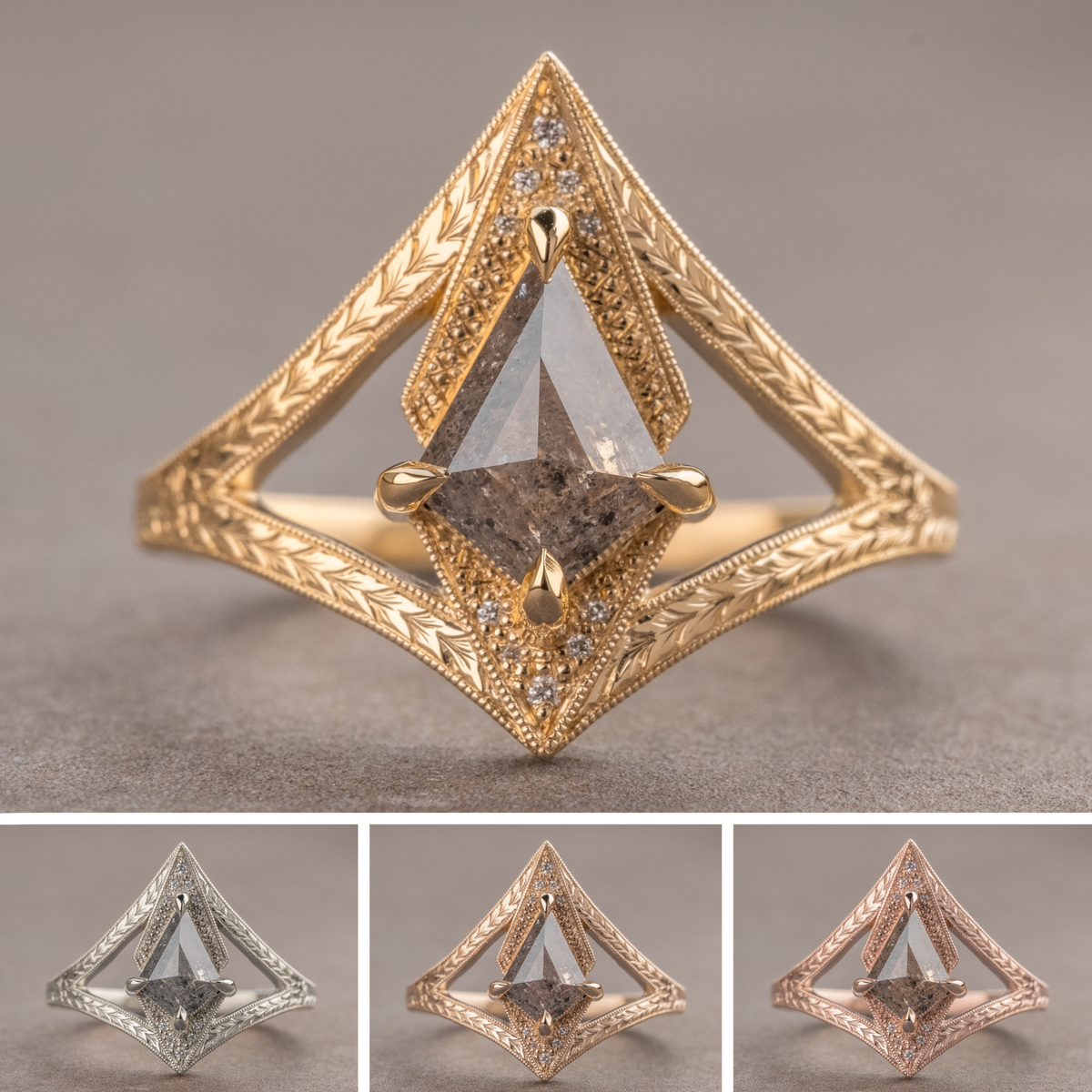 .86 Carat Salt and Pepper Kite Diamond Engagement Ring, Engraved Arwen Setting