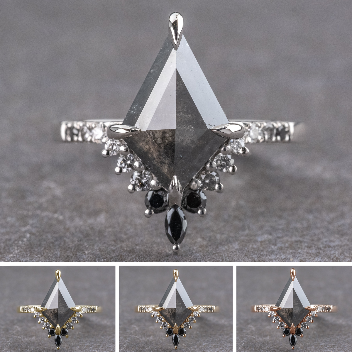 1.67 Carat Black Kite Diamond Engagement Ring, Ombre Avaline Setting
