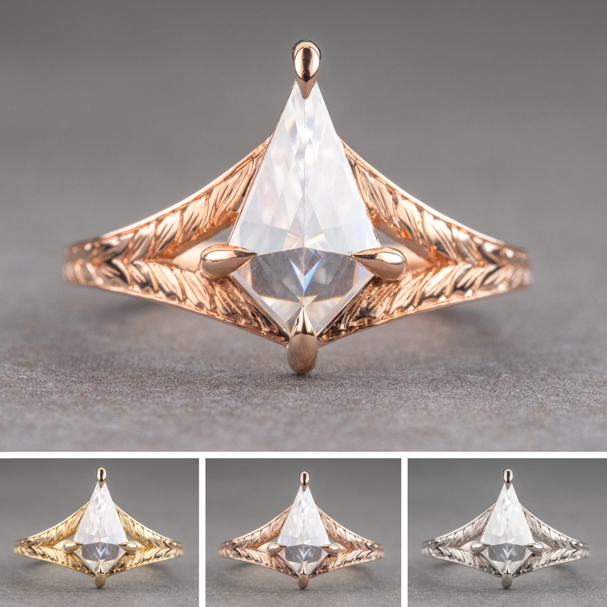 Kite Moissanite Engagement Ring, Engraved Split Shank Jane Setting