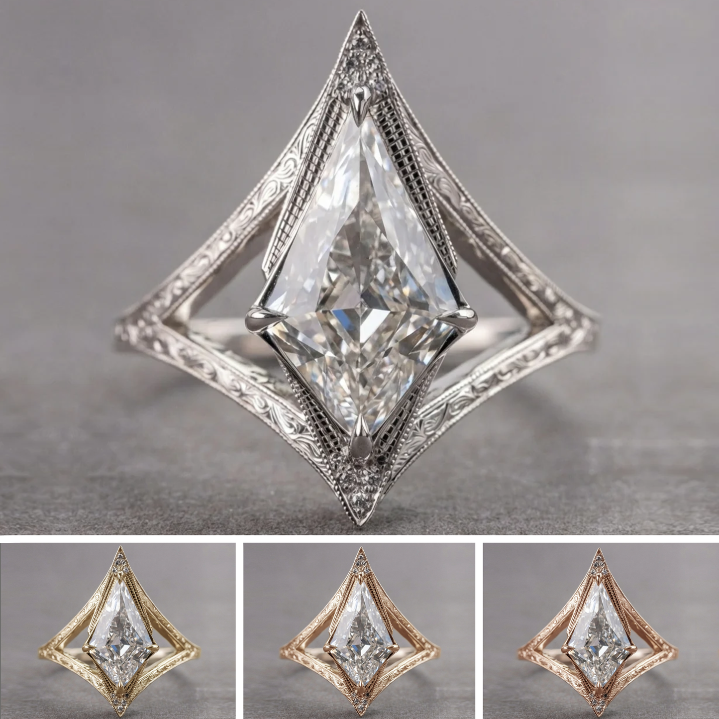Kite Lab Diamond Engagement Ring, Engraved Arwen Setting