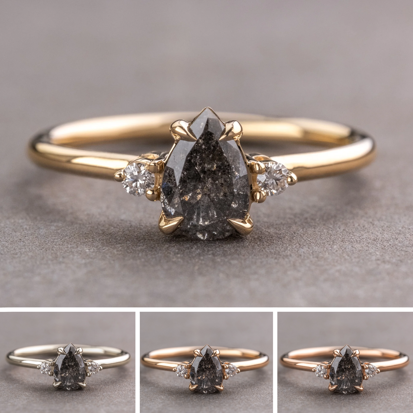 1.63 Carat Salt and Pepper Pear Diamond Engagement Ring, Zoe Setting