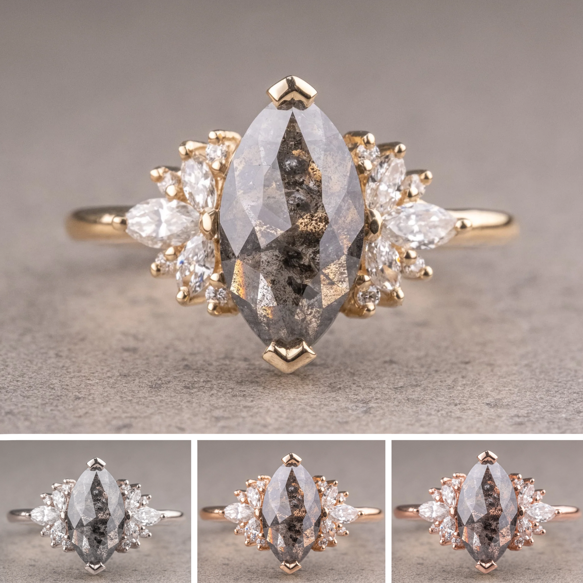 2.33 Carat Salt and Pepper Marquise Diamond Engagement Ring, Monarch Setting