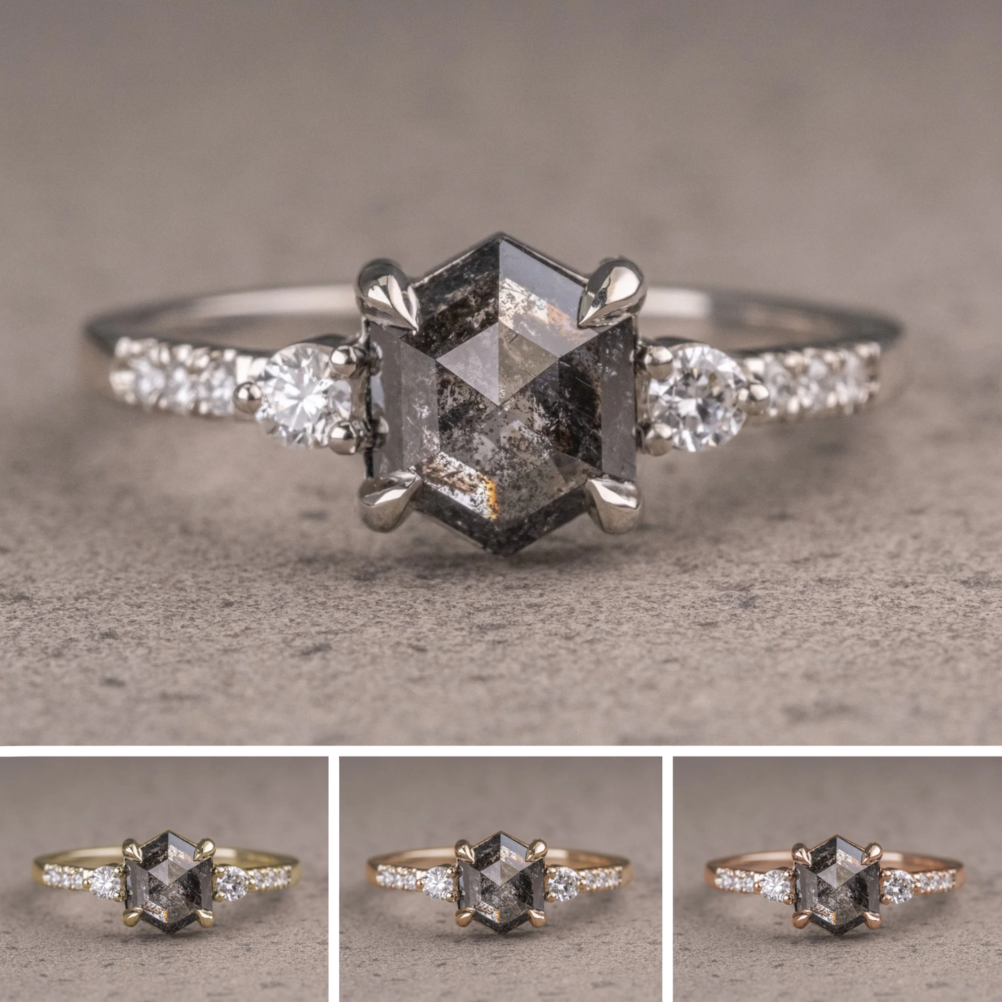 1.39 Carat Black Salt and Pepper Hexagon Diamond Engagement Ring, Eliza Setting