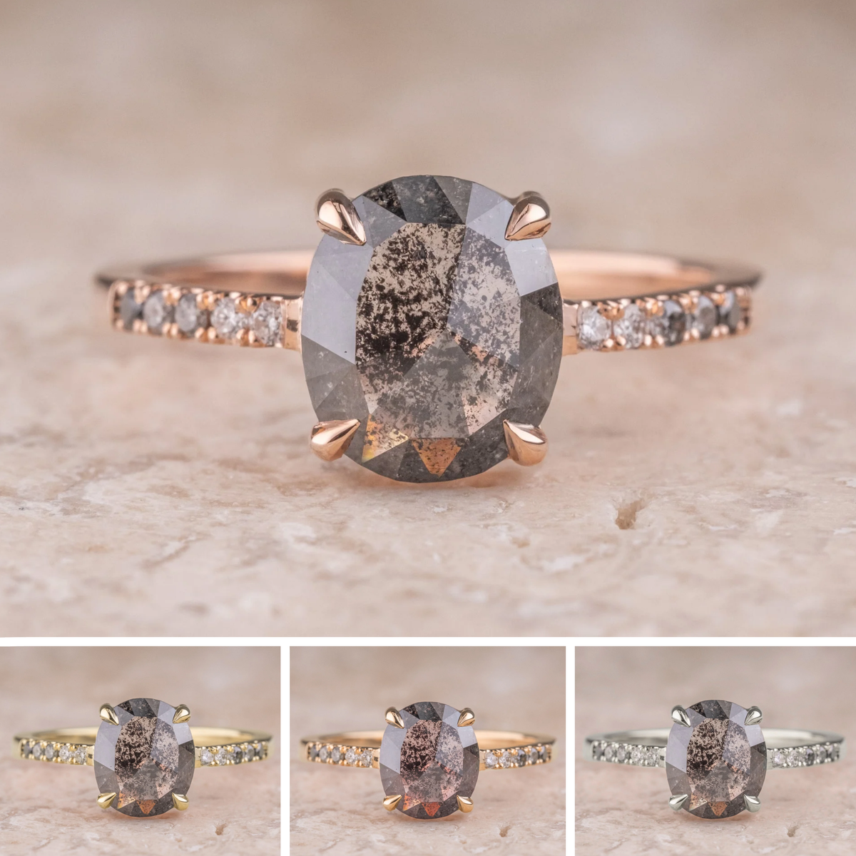 3.10 Carat Black Salt and Pepper Oval Diamond Engagement Ring, Ombre Jules Setting