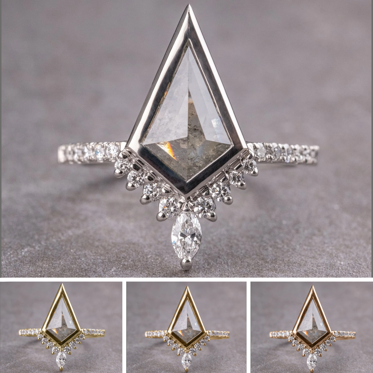 2.10 Carat Salt and Pepper Kite Diamond Engagement Ring, Bezel Avaline Setting
