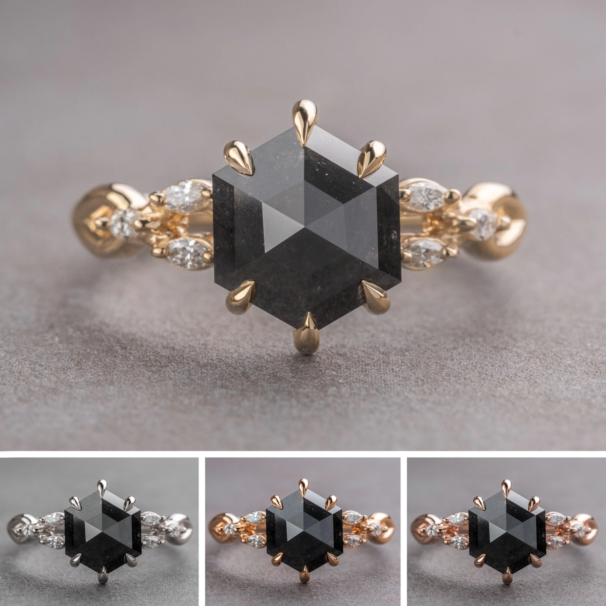 2.39 Carat Black Hexagon Diamond Engagement Ring, Winona Setting